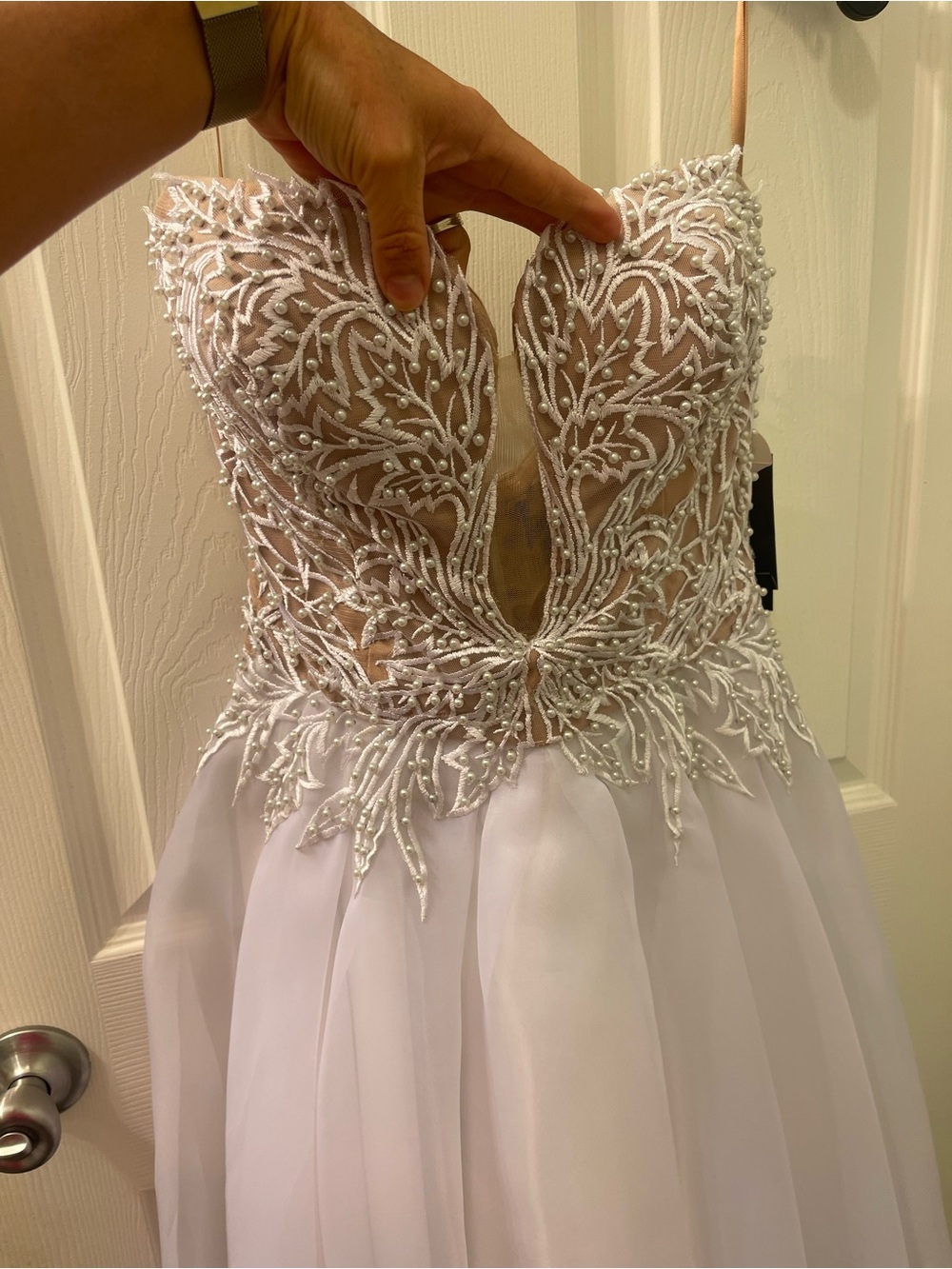 Glamorous White Strapless Beaded A-Line Gown